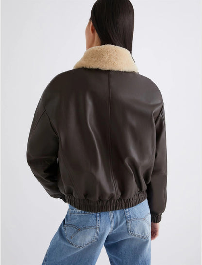 Marella Scandio Leather Bomber Jacket in Brown