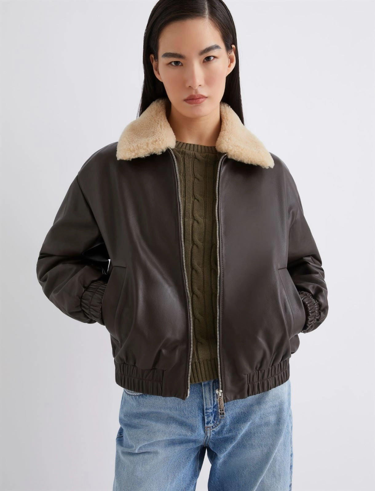 Marella Scandio Leather Bomber Jacket in Brown