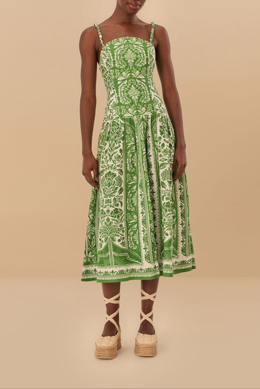 Farm Rio Midi Dress in Delicate Tapestry Green