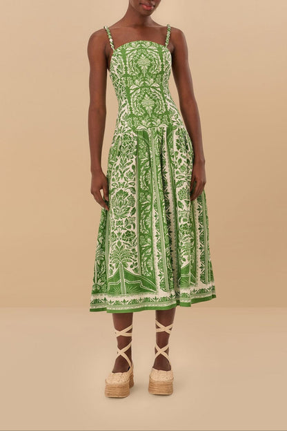 Farm Rio Midi Dress in Delicate Tapestry Green
