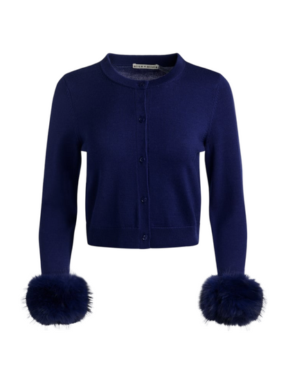 Alice + Olivia Dollie Faux Fur Cuff Cardigan in Midnight Blue