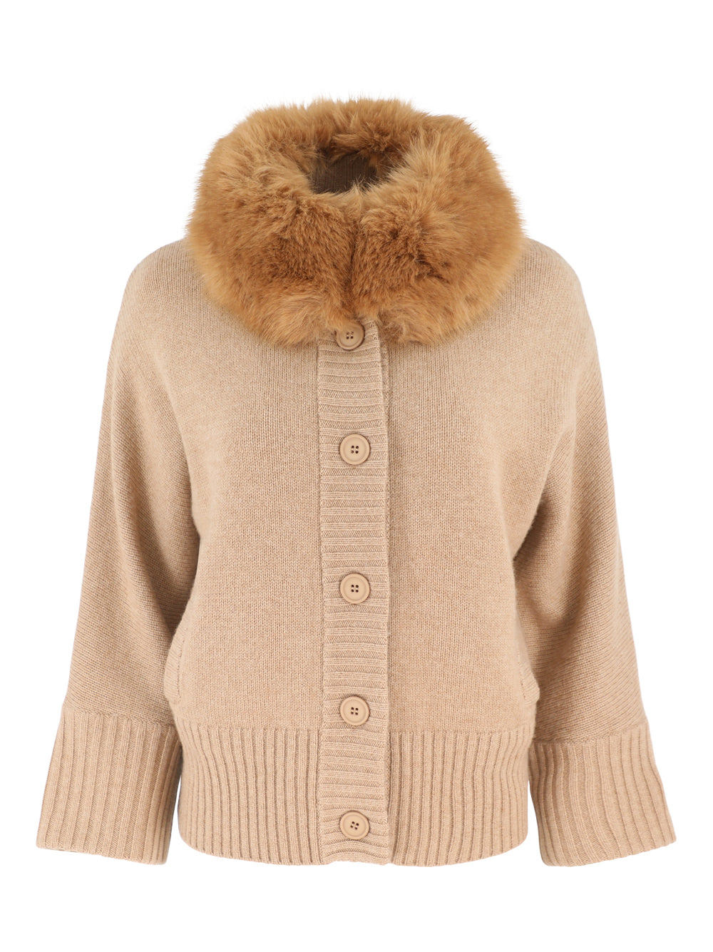 Kinross Faux Fur Trim Button Cardigan in Camel