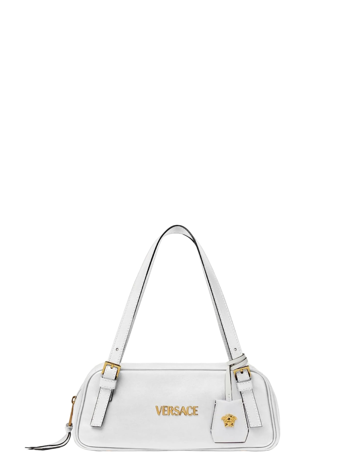 Versace Tag Nappa Bowling Bag in White + Gold