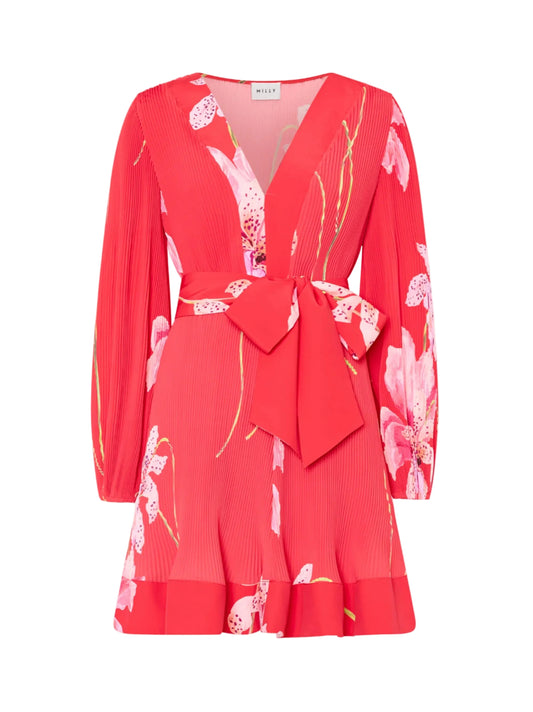Milly Liv Floral Pleated Mini Dress in Red Multi