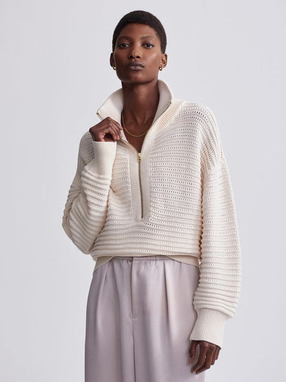 Varley Tara Pointelle Half-Zip Knit in Egret