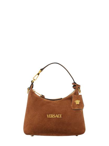 Versace Tag Suede Hobo Bag in Tobacco