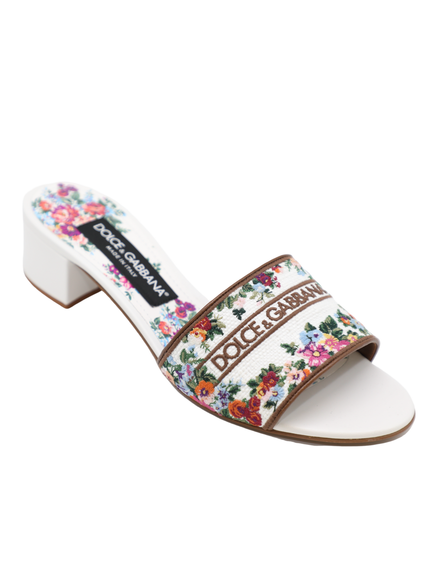 Dolce & Gabbana Block Heeled Slides in White/Multicolor