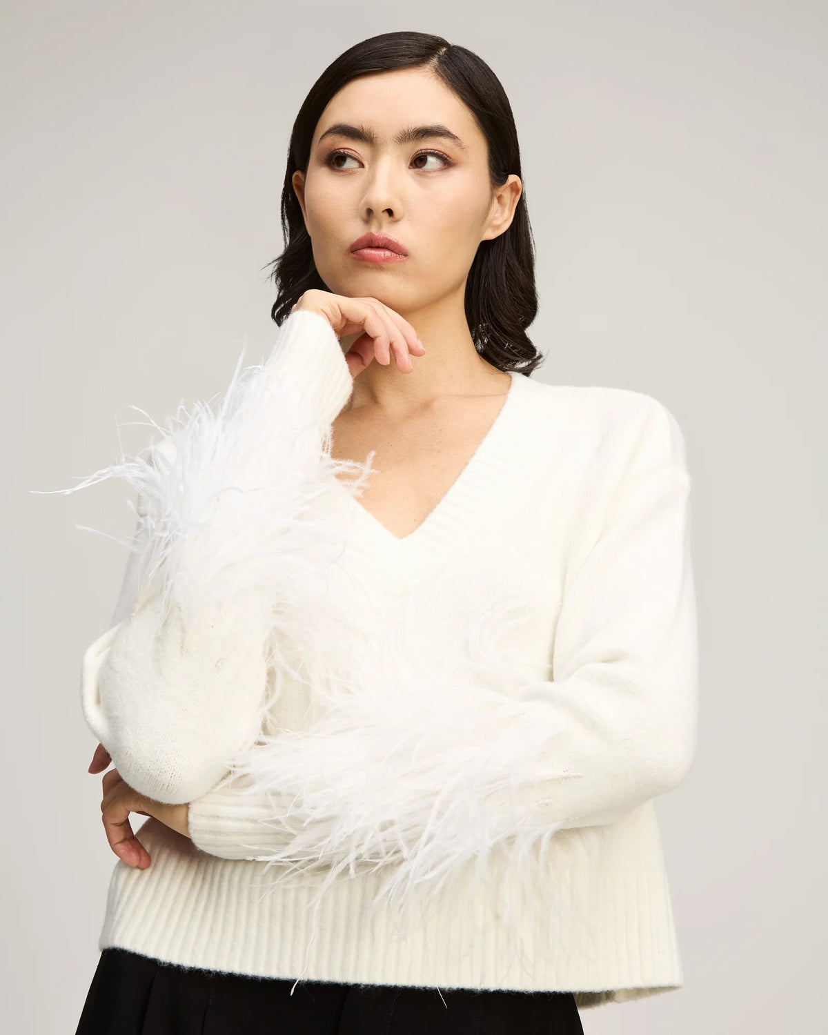 Cinq à Sept Brianne Feather V-Neck Pullover in Ivory
