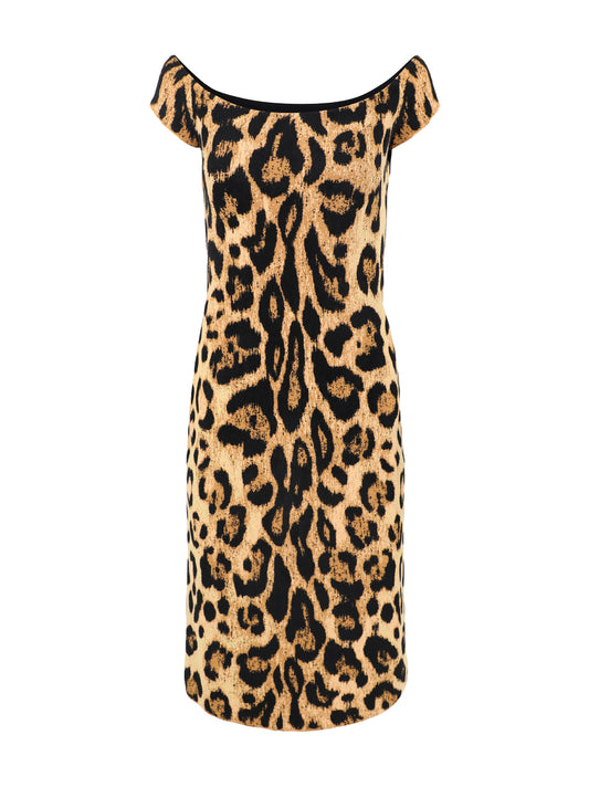 Oscar de la Renta Off-Shoulder Scoop Neck Jaguar Dress in Beige Multi