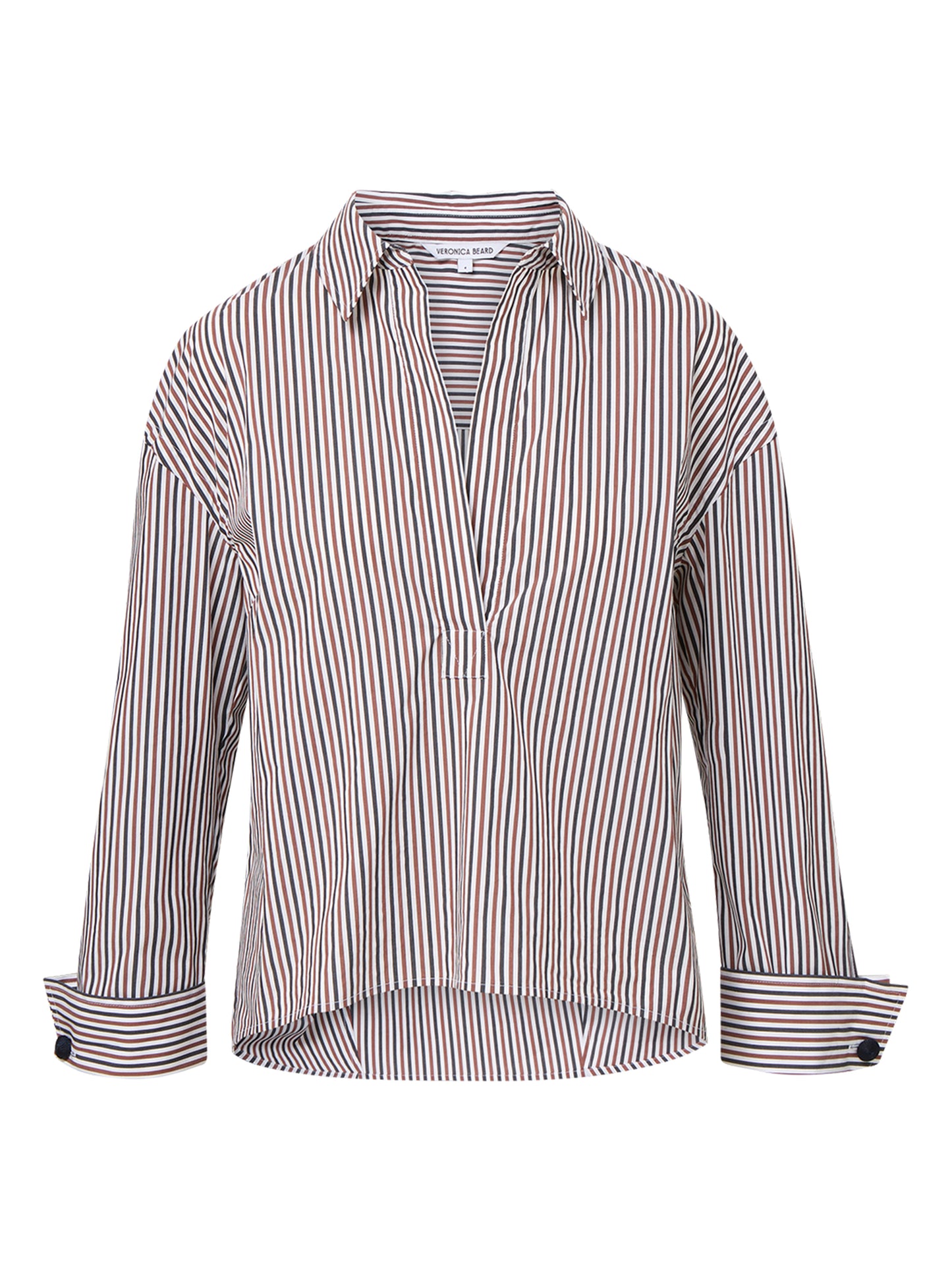 Veronica BeardDraymond Striped Cuff-Sleeve Shirt in Navy/Brandy Multi