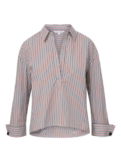 Veronica BeardDraymond Striped Cuff-Sleeve Shirt in Navy/Brandy Multi