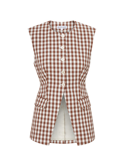 Veronica Beard Lois Gingham Seersucker Vest in Light Chicory/Dove