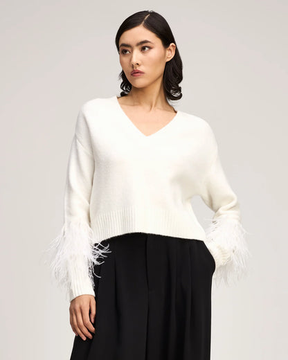 Cinq à Sept Brianne Feather V-Neck Pullover in Ivory