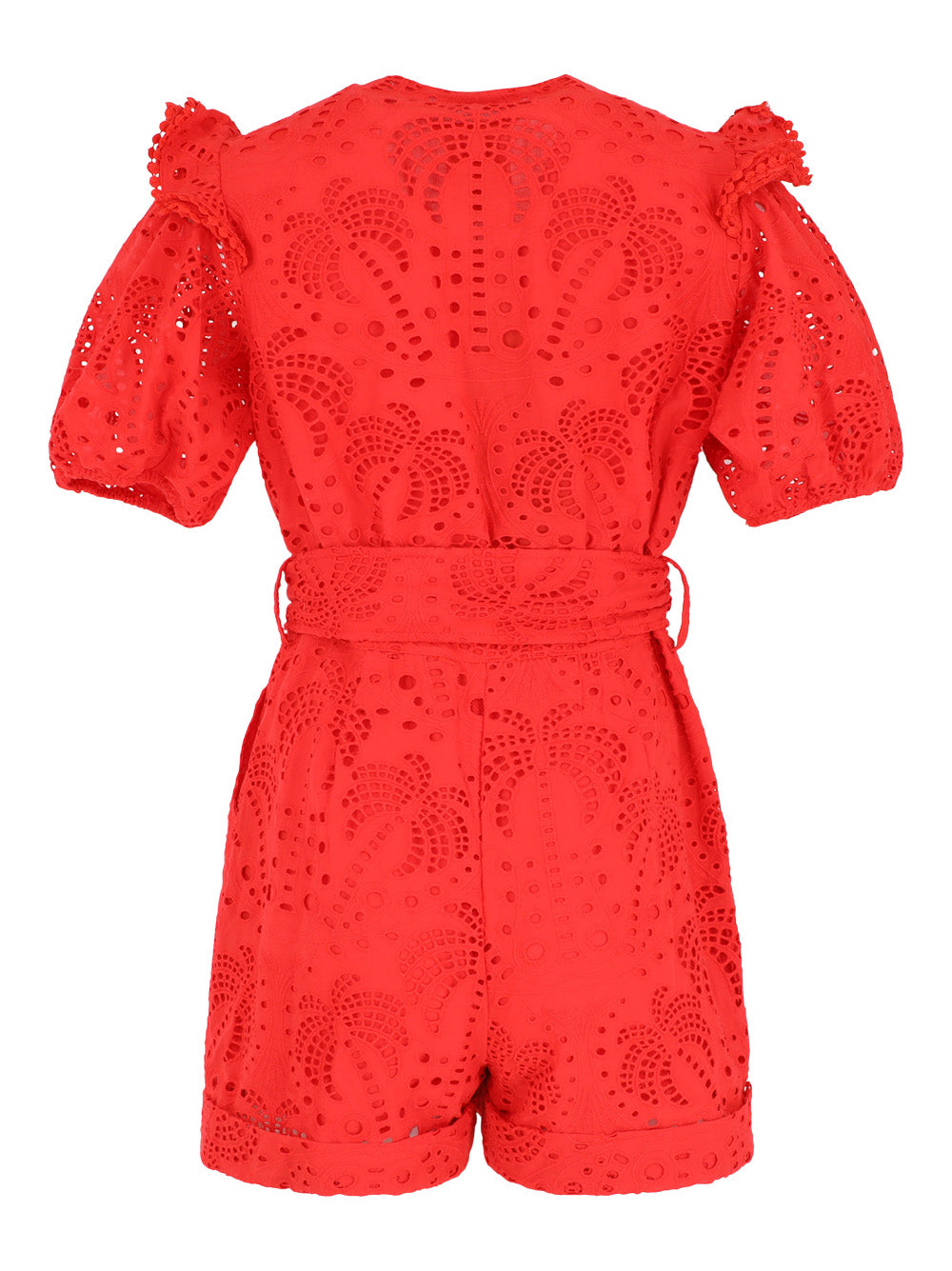 Farm Rio Eyelet Beaded Belt Romper in Red