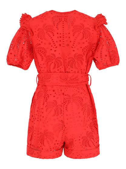 Farm Rio Eyelet Beaded Belt Romper in Red