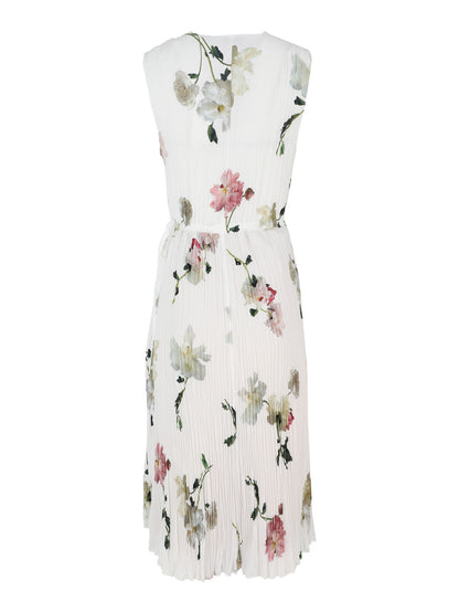 Vince Wilted Peony Pleated V-Neck Dress in White Peony