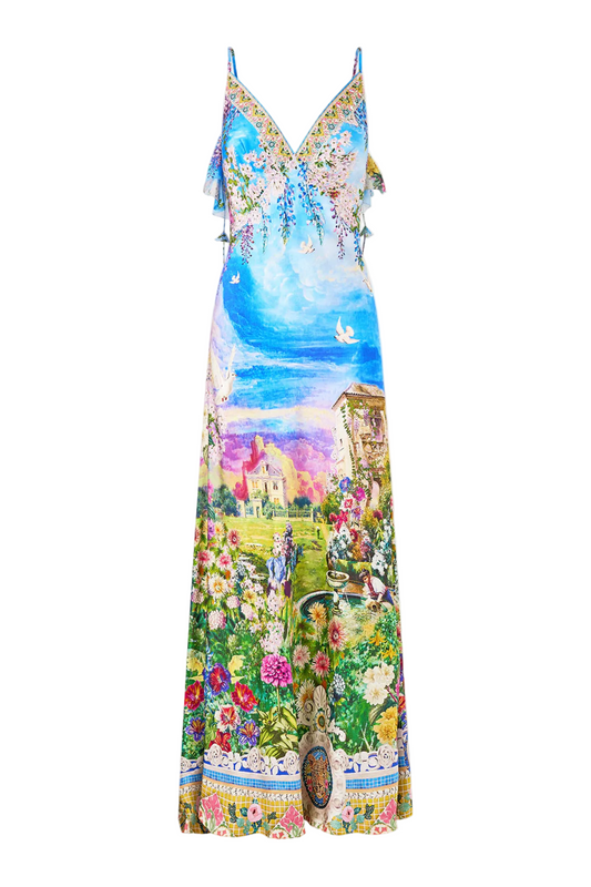 Camilla V Neck Bias Slip Dress with Back Frill in Navas Nouveau