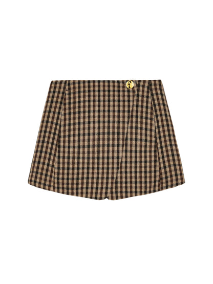 Ganni Check Wool Mini Skirt in Chicory Coffee