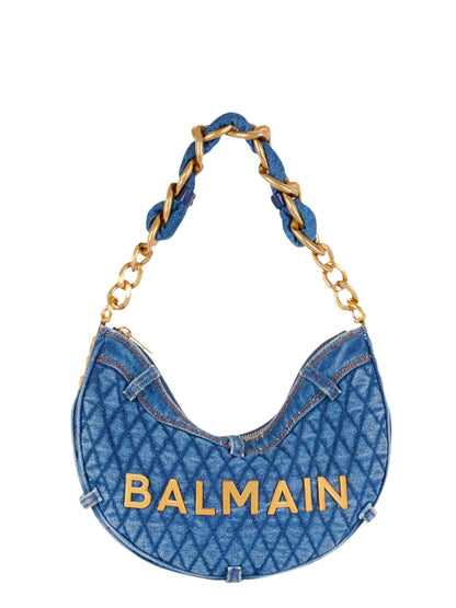 Balmain 1945 Soft Moon Bag-Grid Quilted Denim in Blue Jean