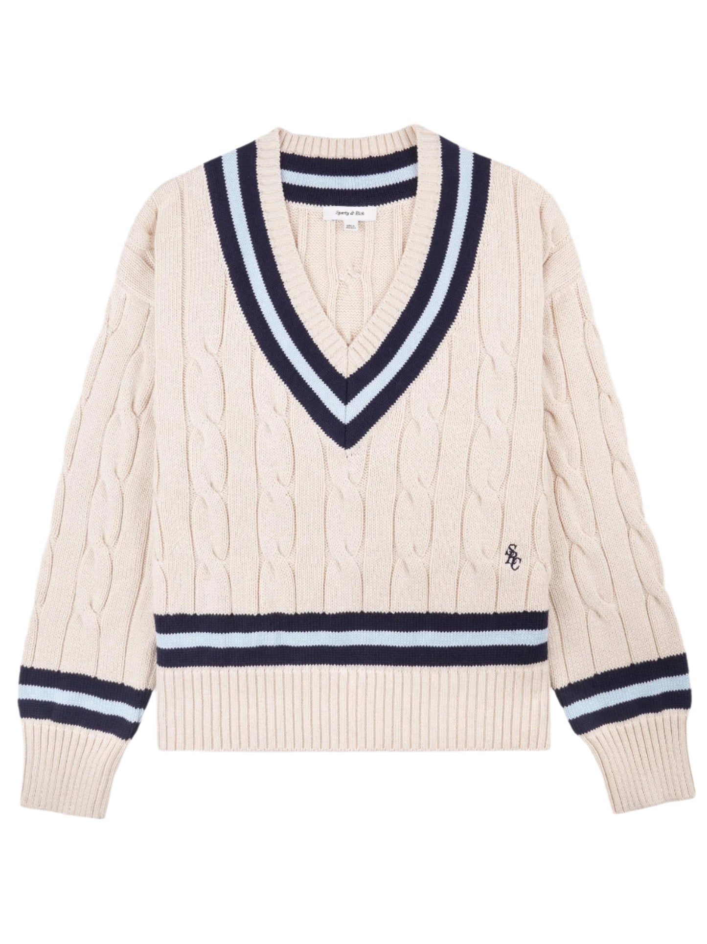 Sporty & Rich SRC Cableknit V-Neck Sweater in Ecru/Dark Navy/Ciel