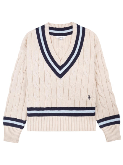 Sporty & Rich SRC Cableknit V-Neck Sweater in Ecru/Dark Navy/Ciel