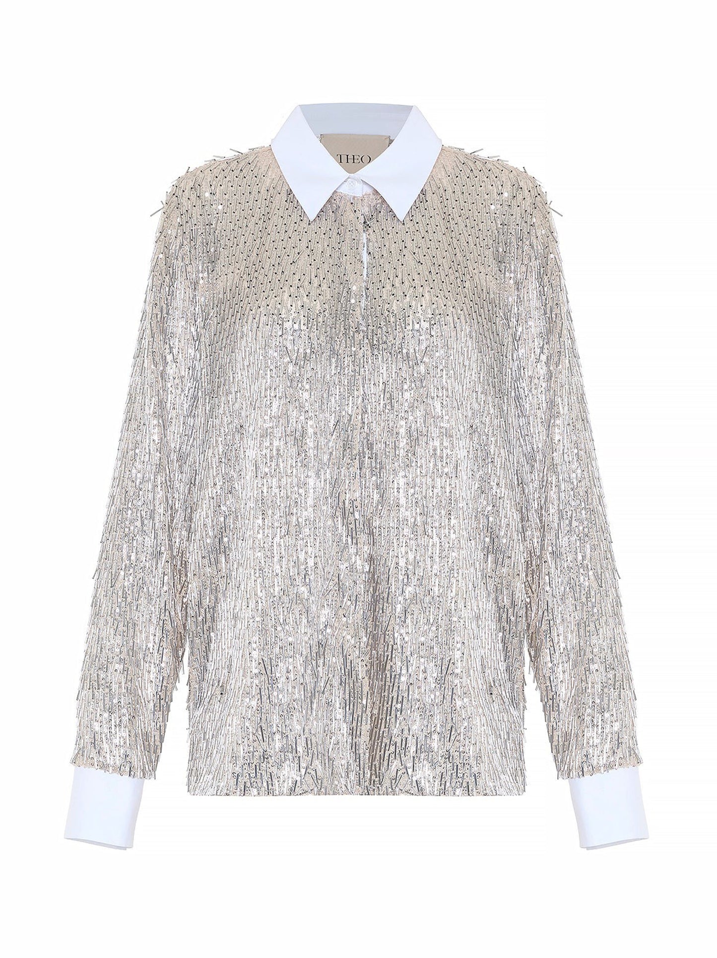 THEO The Label Kleio Sequin Collared Shirt in Sand