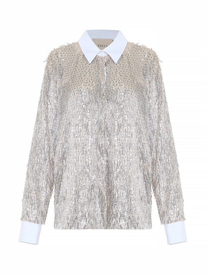 THEO The Label Kleio Sequin Collared Shirt in Sand