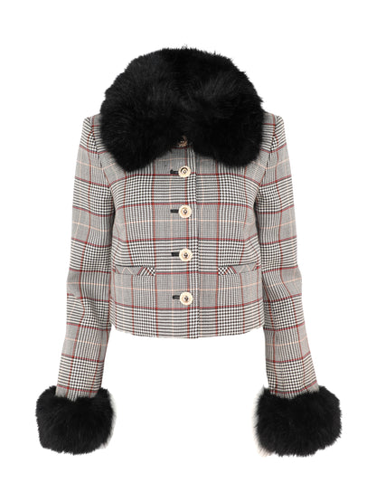 Self-Portrait Brown Check Fur Cuff Jacket