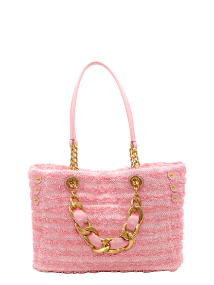 Balmain 1945 Soft Cabas Small-Raphia Tweed in Rose Bonbon