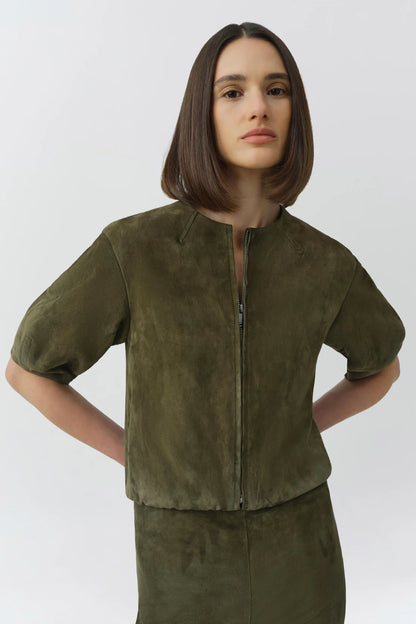 Simkhai Austyn Short Sleeve Suede Jacket in Sea Turtle