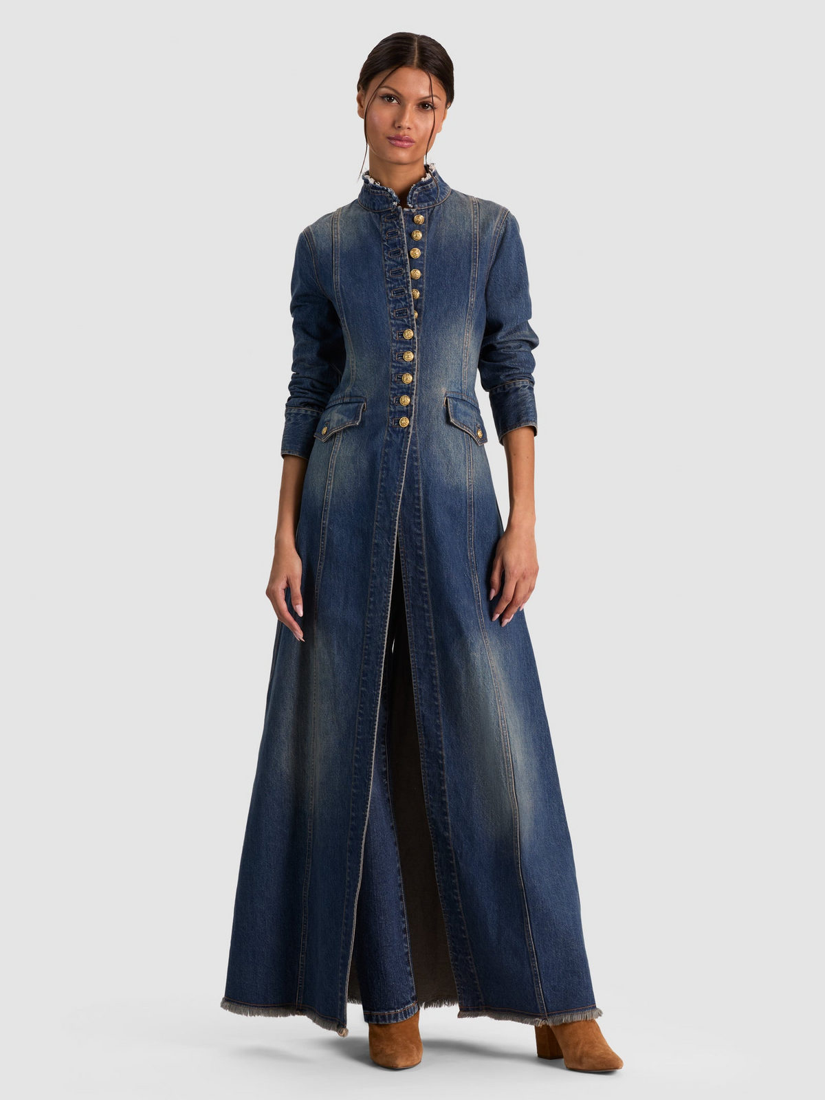 Alice + Olivia Winn Long Denim Military Jacket in Georgetta Vintage Blue