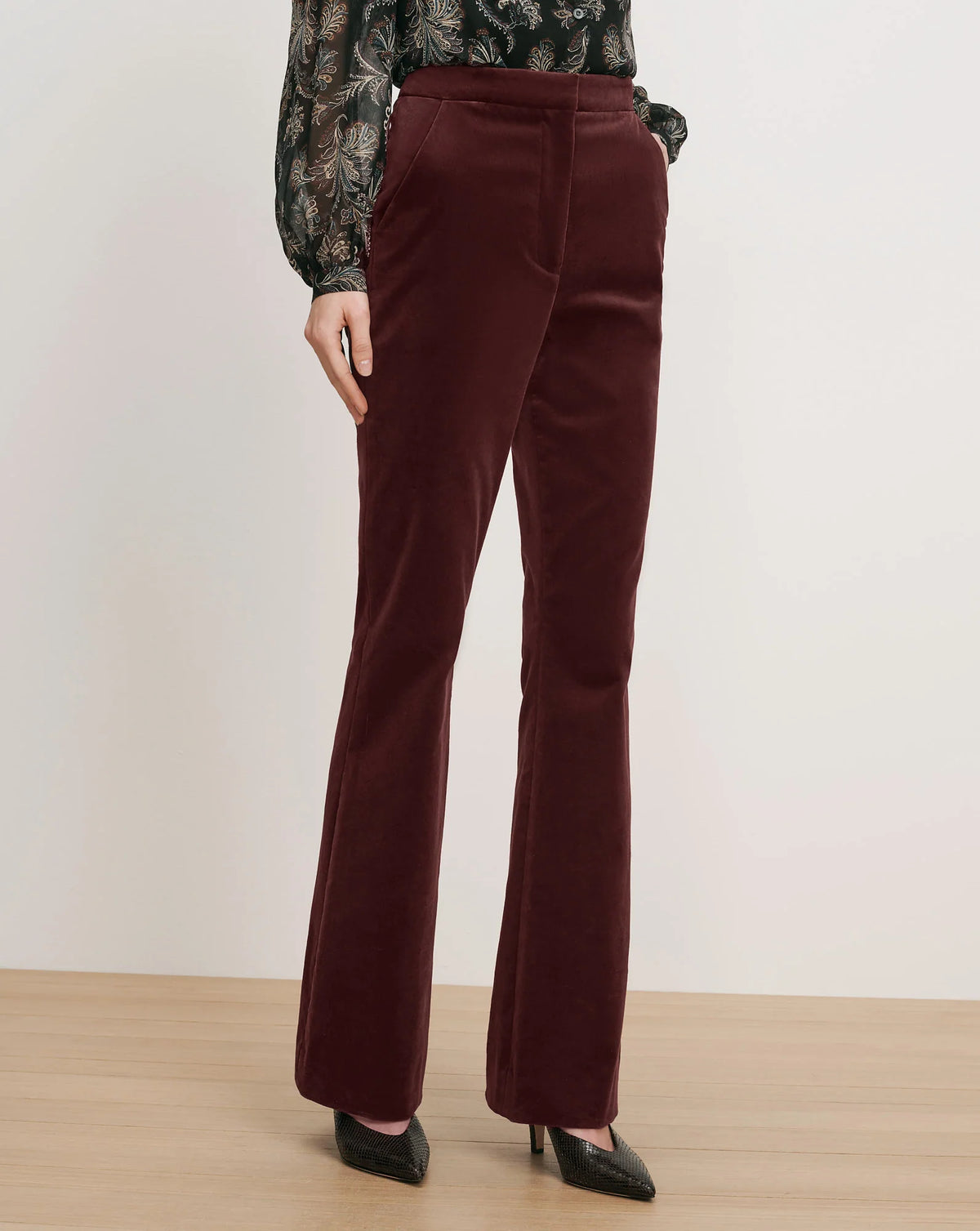 Veronica Beard Gracie Velvet Flare Pant in Burgundy