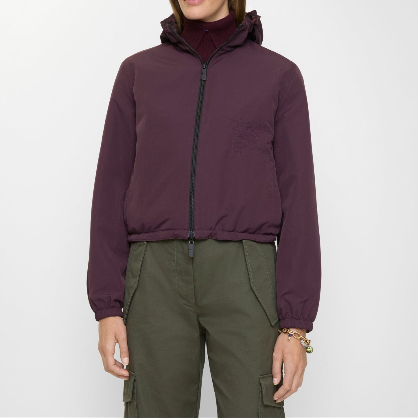 Burberry Cropped Reversible Check Hooded Jacket in Wine IP Check