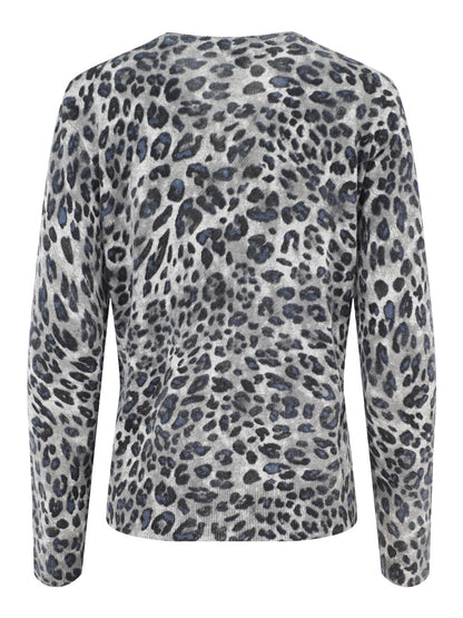 Kinross Cashmere Leopard Crew in Sterling Multi