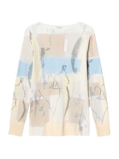 Lafayette 148 Sketchbook Print Finespun Voile & Cotton Crepe Yarn Intarsia Sweater in Paper