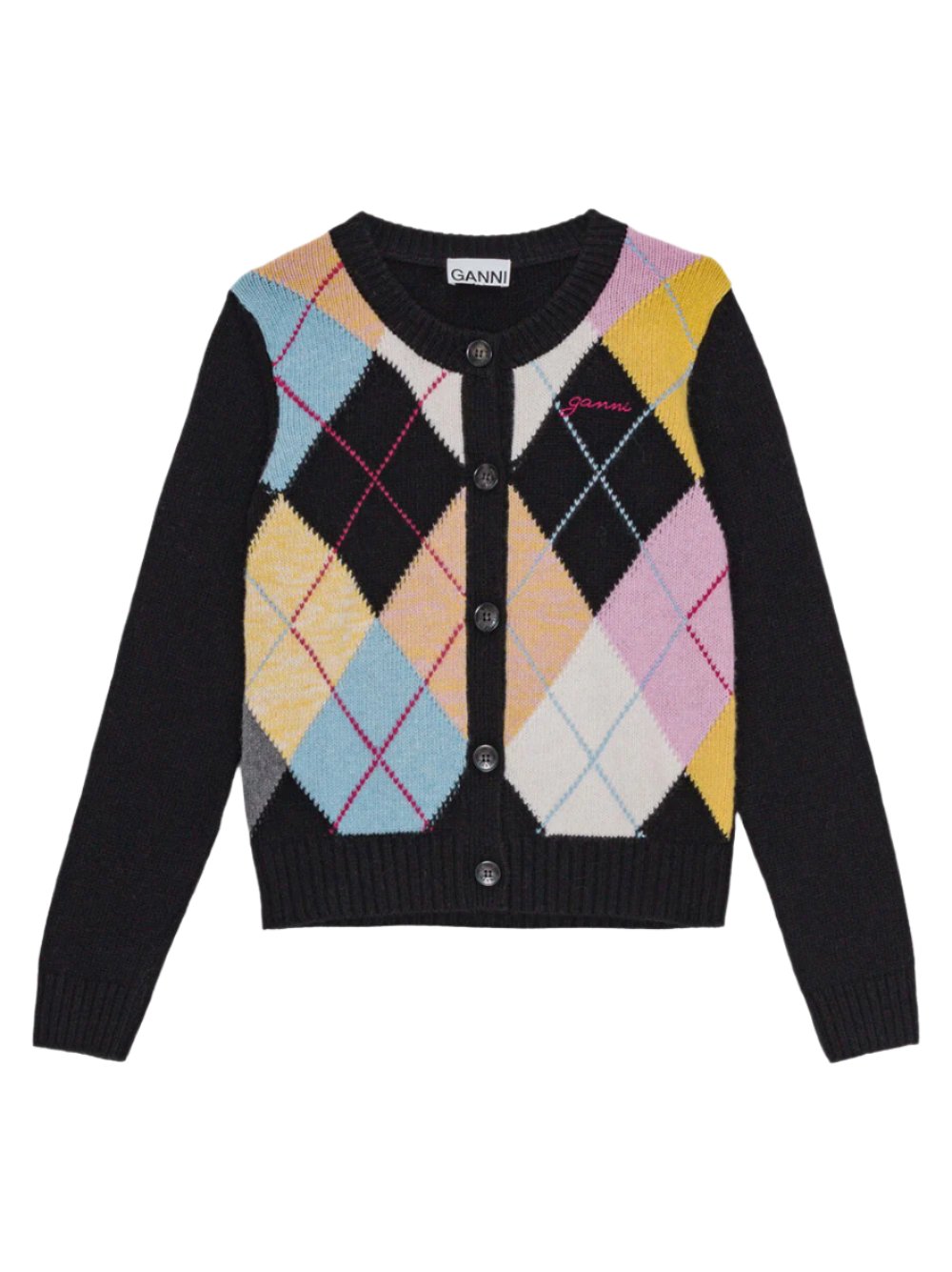 Ganni Harlequin Wool Mix Knit Cardigan in Multicolor