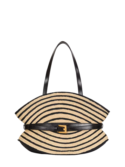 Balmain Medium Shuffle Bag in Smooth Leather and Two-Tone Raffia