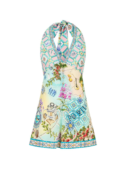 Camilla Button Front Halter Playsuit in Just Coasting