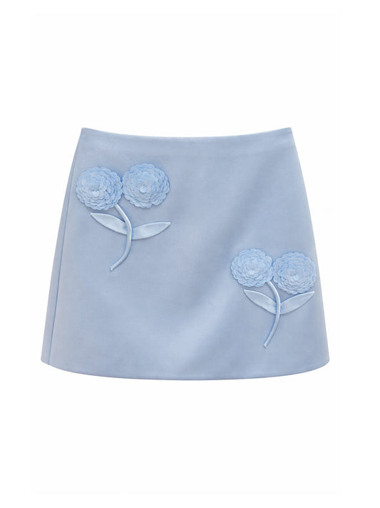 Self-Portrait Satin 3D Sequin Flower Mini Skirt in Blue