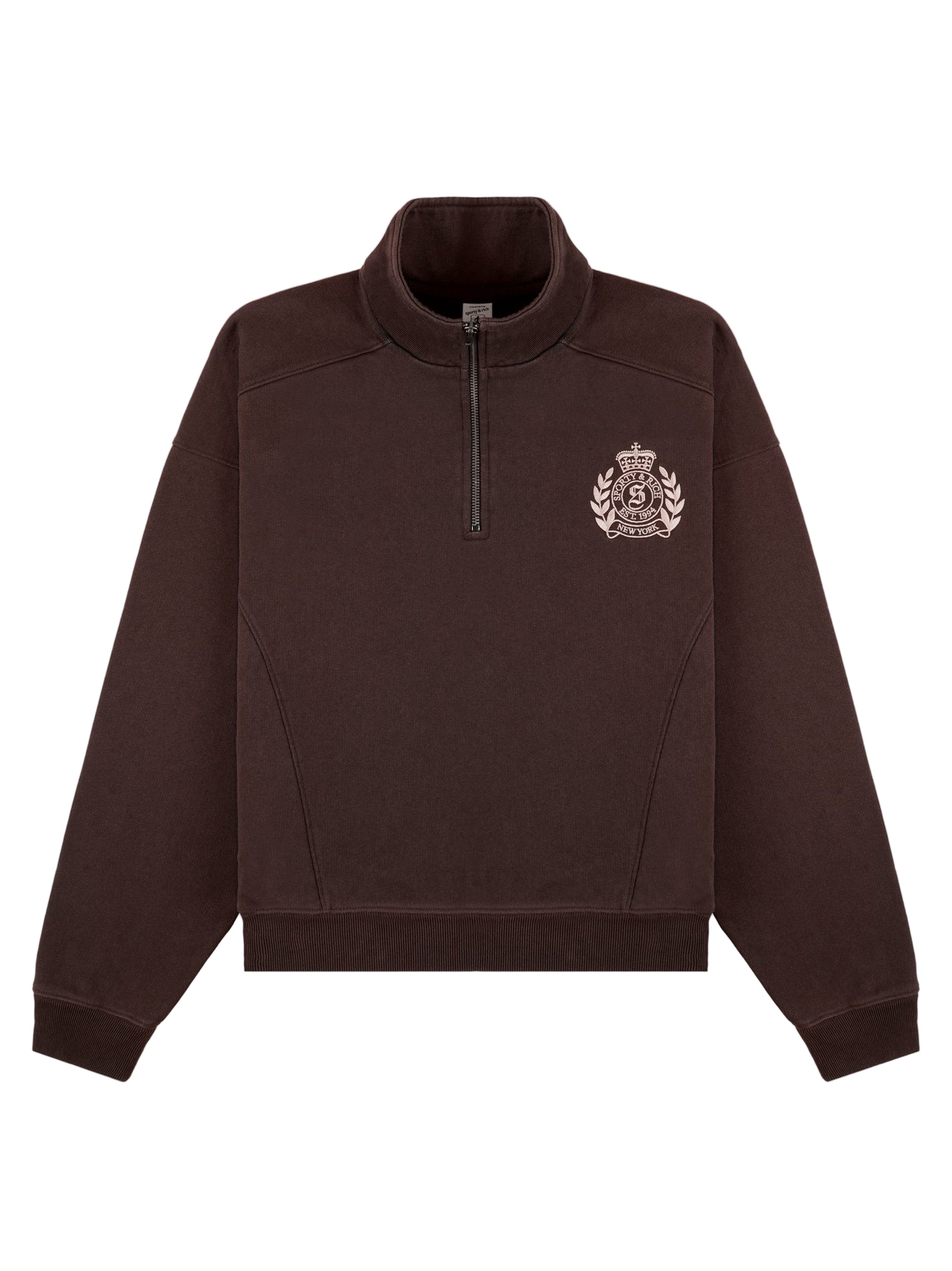 【のり】MARIED′OR スウェット Sporty & Rich NY Crest Embroidered Quarter Zip in Chocolate