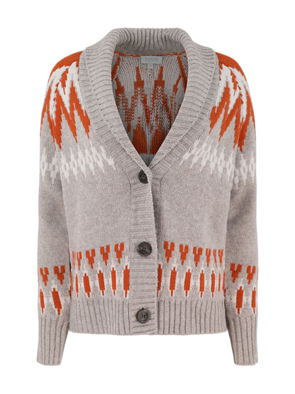 Kinross Cashmere Fairisle Shawl Collar Cardigan in Taupe Multi