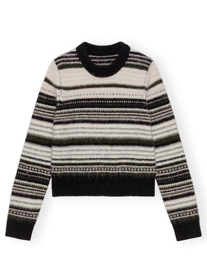 Ganni Soft Wool Stripe O-Neck Sweater in Black 099