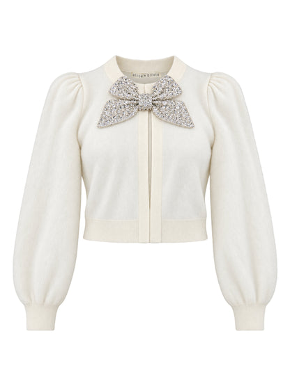 Alice + Olivia Kitty Puff Sleeve Cardigan With Bow in Soft White