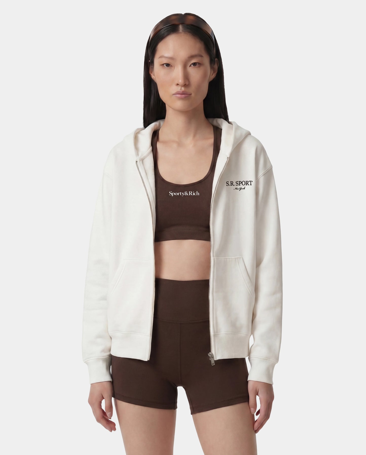 Sporty & Rich SR Sport Embroidered Zip Hoodie in Ecru