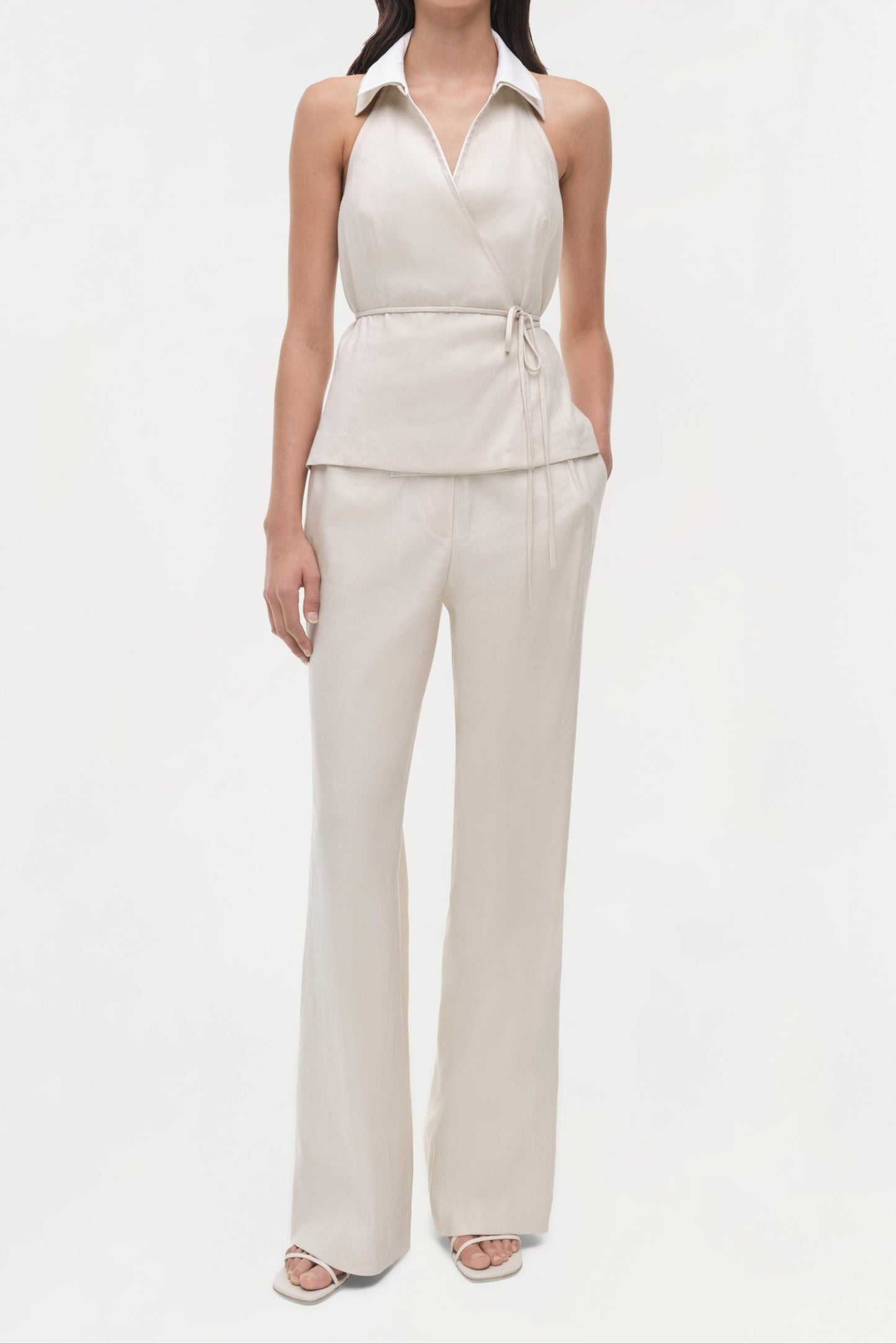 Simkhai Campbell Linen Halter Shirtt in Sand Multi