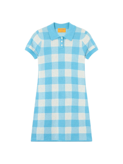 Guest in Residence Gingham Polo Dress in Swimming Pool/Cream