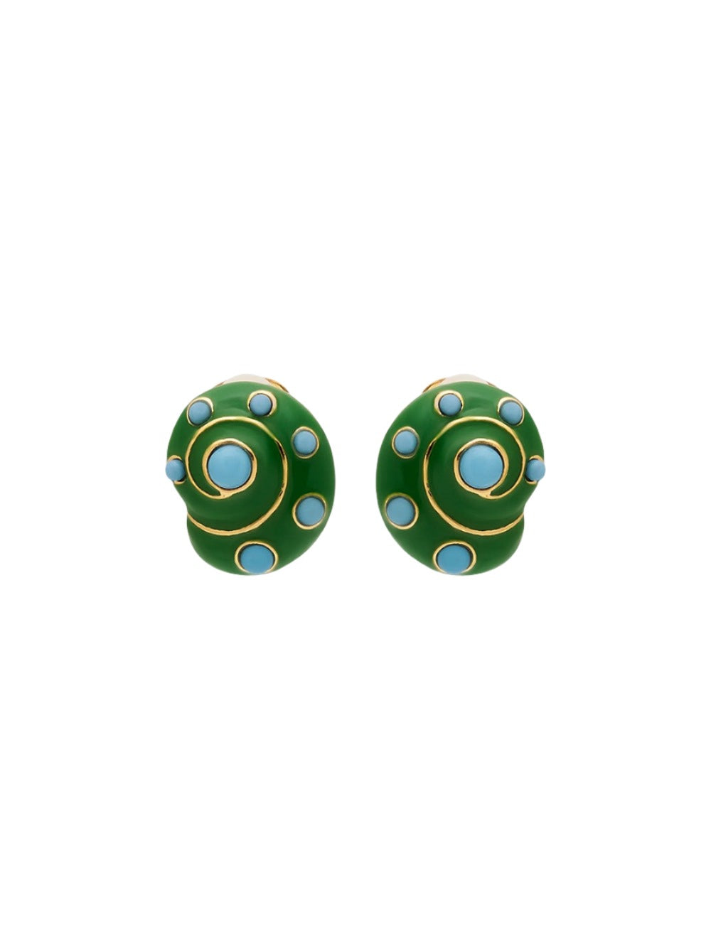Kenneth Jay Lane Enamel Dots Snail Clip Earrings in Gold/Jade/Turquoise