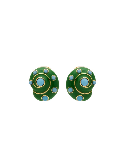 Kenneth Jay Lane Enamel Dots Snail Clip Earrings in Gold/Jade/Turquoise
