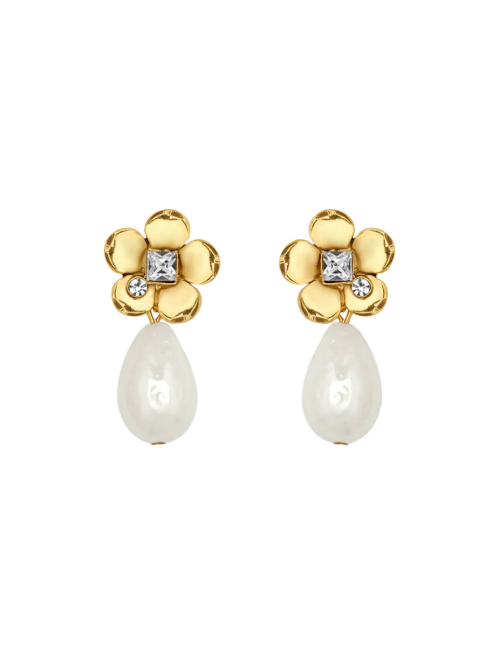 Oscar de la Renta Gold Flower/Pearl Drop Earrings