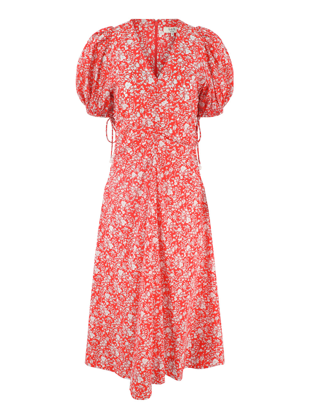 Sea Lucille Liberty Print Short Sleeve Midi Dress in Red